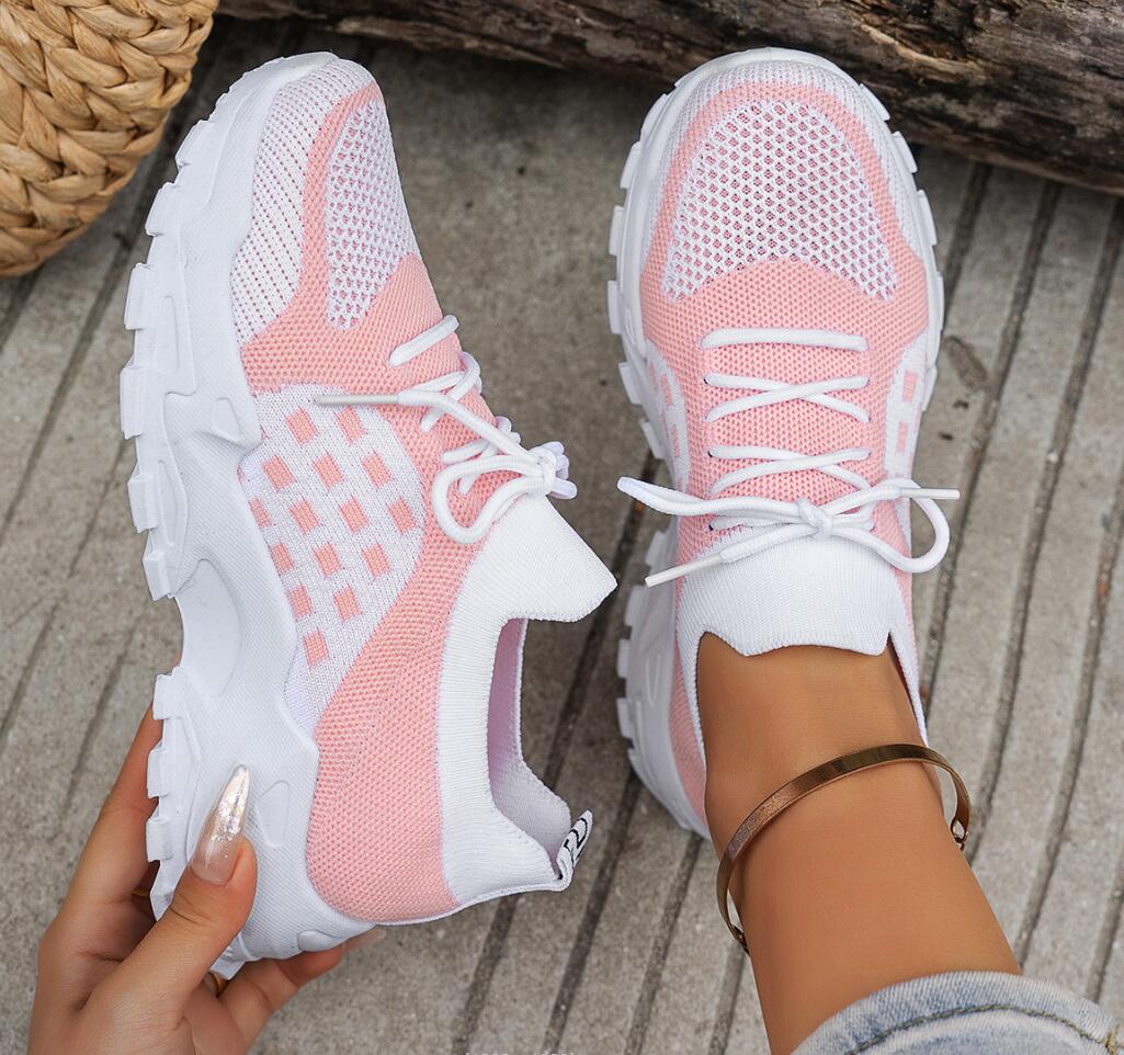 Tênis Esportivos Femininos Res - Knit Fabric Lace Up Sneakers avaliação e preço