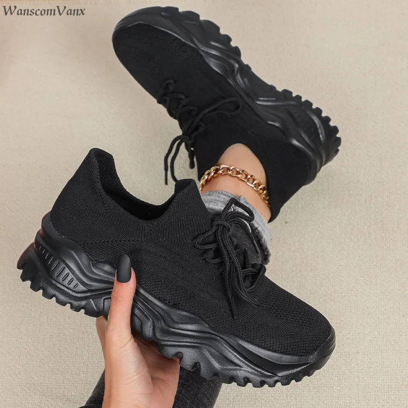 Tênis Plataforma Chunky da Mod - Knit Fabric Lace Up Sneakers avaliação e preço