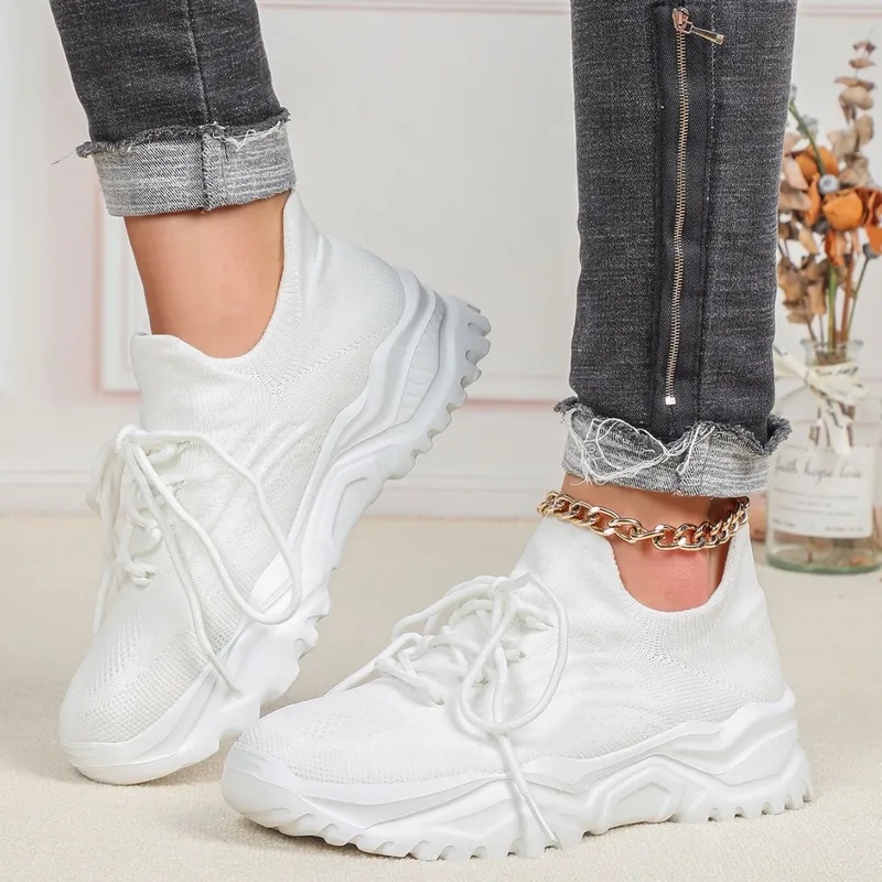 Tênis Plataforma Chunky da Mod - Knit Fabric Lace Up Sneakers avaliação e preço